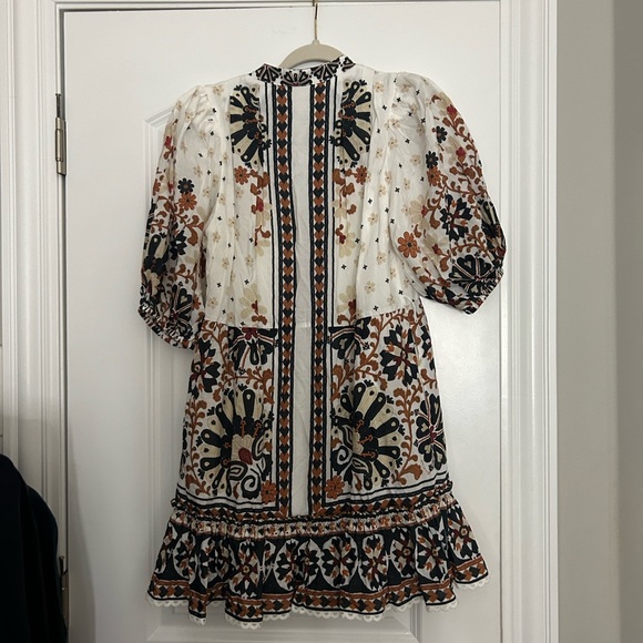 Farm Rio Flower Fan Tapestry Print Puff Sleeve Belted Mini Shirtdress - Picture 6 of 6
